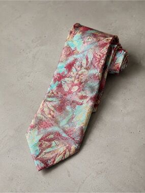 Lysette 100% Silk Abstract Floral Tie – Multicolor Pink Blue Gold Pattern